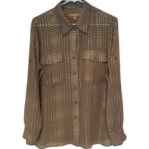 Ellen Tracy Olive Semi Sheer Gold Dotted Long Sleeve Blouse Size Medium